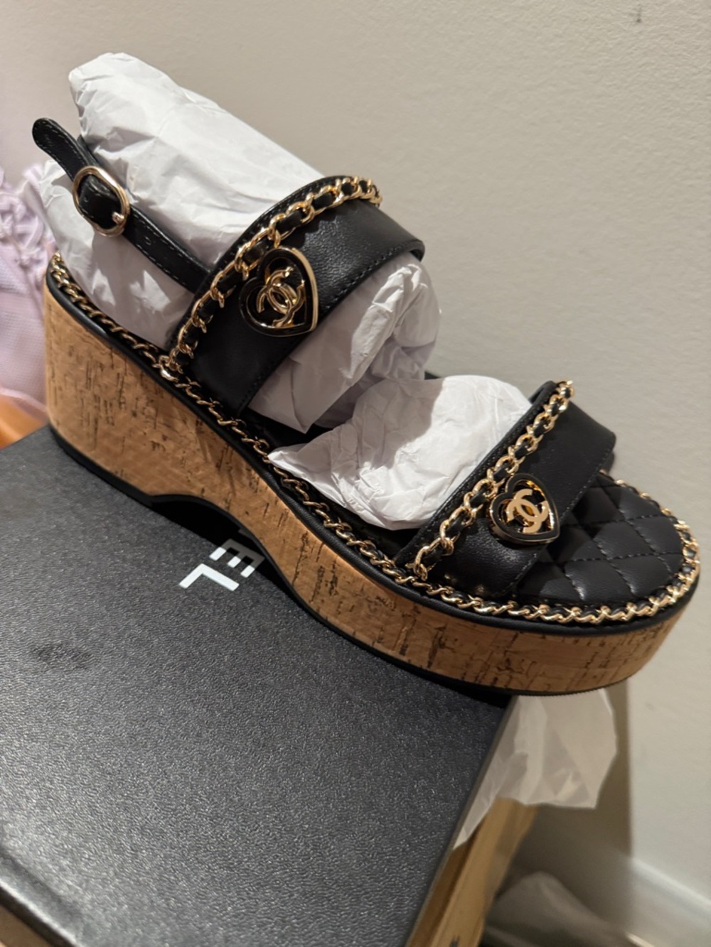Black Quilted Leather Platform Sandals with Gold Chain Accents